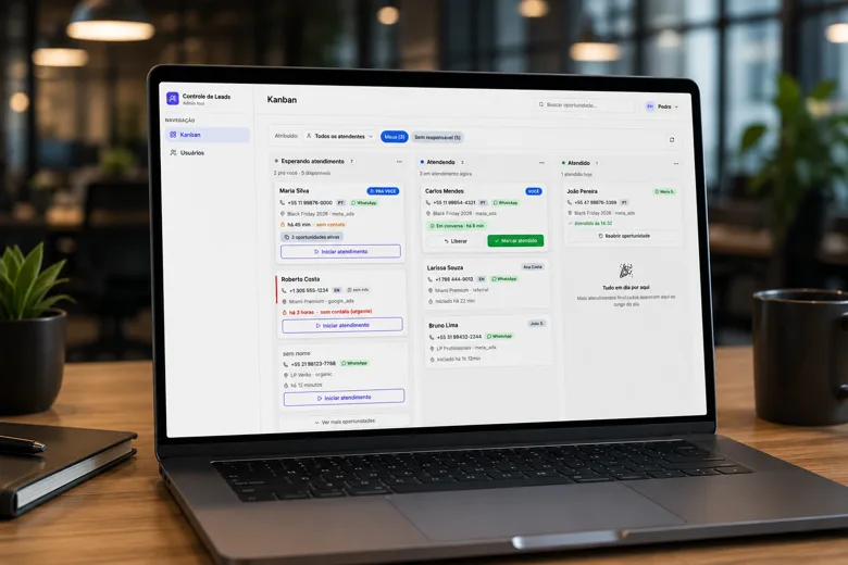 Kanban de Atendimento — Multi-channel lead management with real-time WhatsApp triage